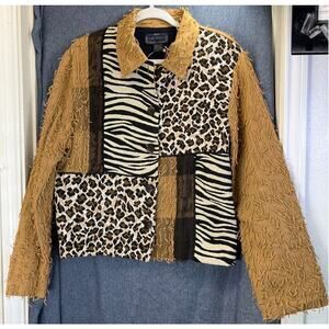 Life Style Womens L Brown Animals Print Button Up 100% Cotton Career Wear Jacket